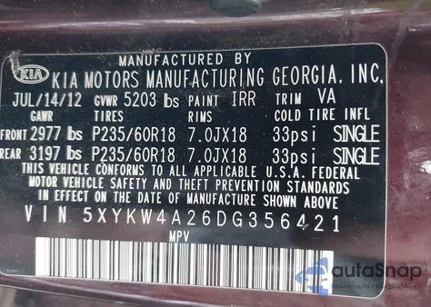 2013 Kia Sorento Sx from USA, damaged, VIN 5XYKW4A26DG356421